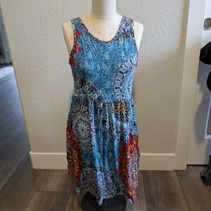 Longyuan Size M Vibrant Teal and Red Sleeveless Midi Dress